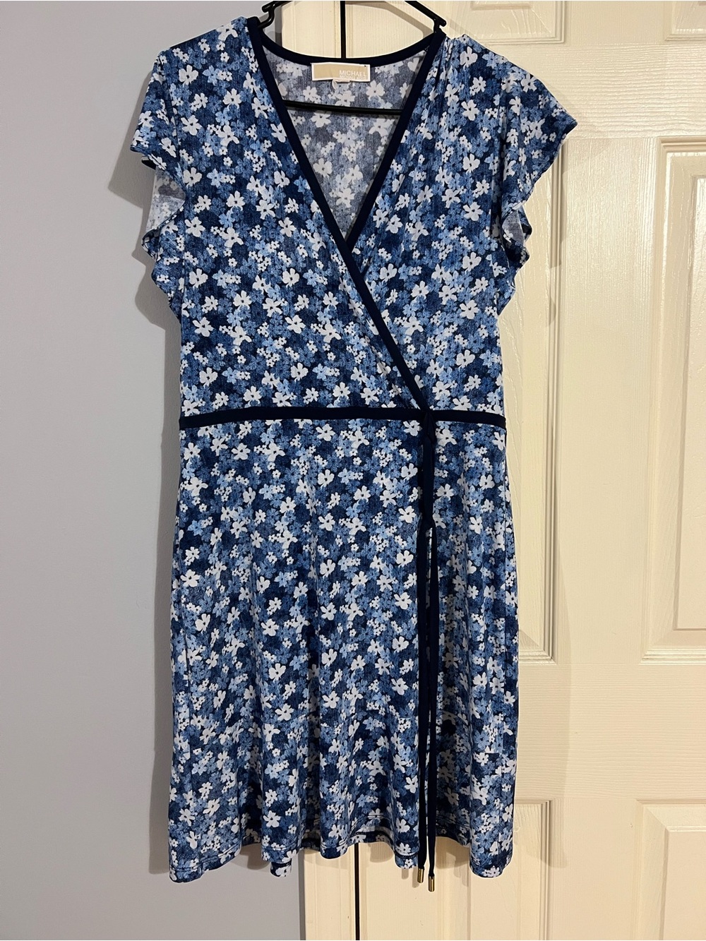 Michael Kors Blue and White Floral V-Neck Dress with Navy Trim